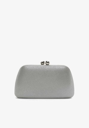 Silver faux leather clutch with a textured surface, rounded shape, and a metallic kiss-lock closure for secure fastening.