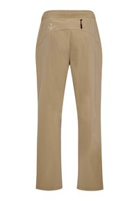 Beige vandrestøvler med elastisk talje, sidelomme med lynlås og glat, letvægtsstof. Lige ben design med minimale sømme.