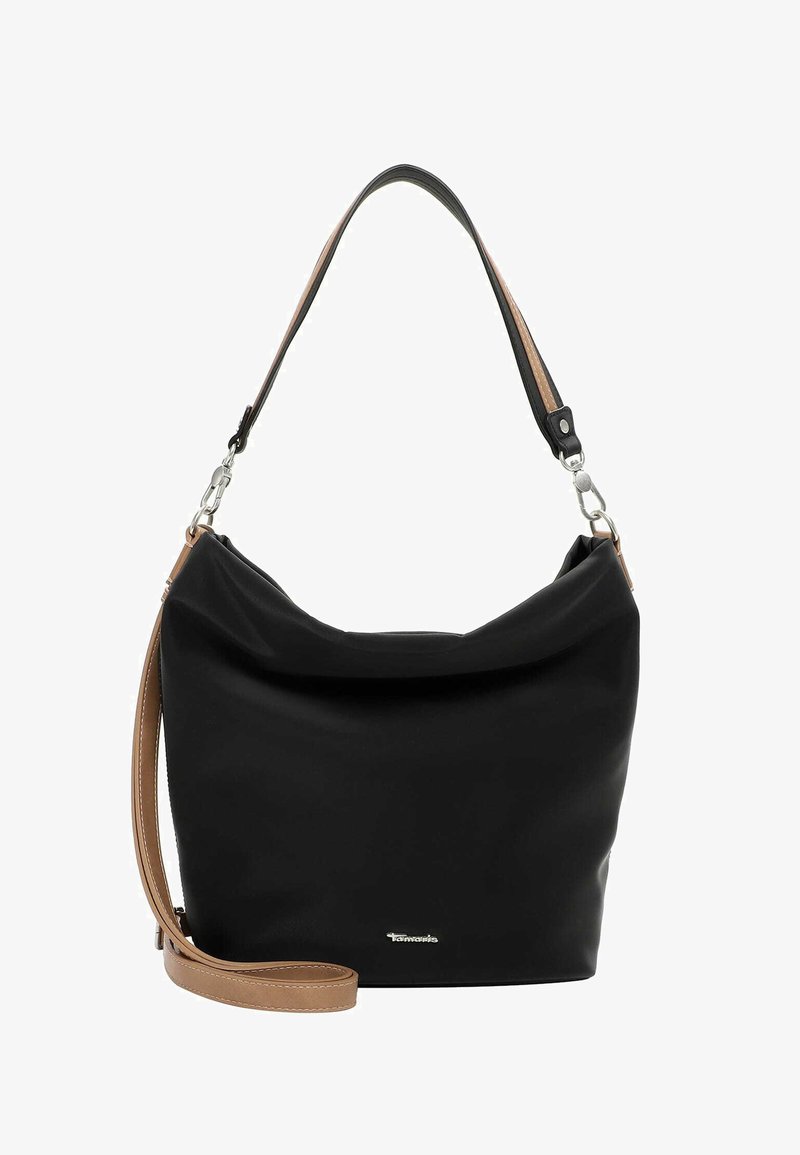 Sac à bandoulière en cuir souple noir avec sangle réglable couleur camel et ferrures argentées, doté d'un petit logo de marque métallique sur le devant.