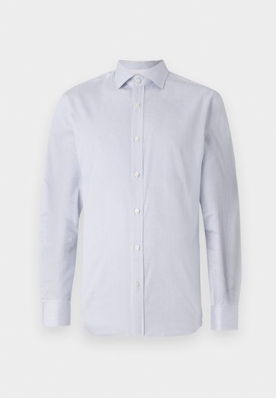 Striped long-sleeve shirt in light blue and white. Features a standard collar, button placket, and buttoned cuffs. Cotton fabric texture.