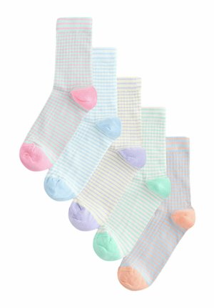 Five pairs of pastel striped crew socks in pink, blue, yellow, green, and orange with matching heels and toes, displayed overlapping on white.
