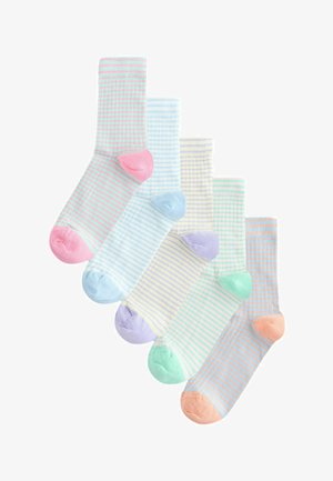 Five pairs of pastel striped crew socks in pink, blue, yellow, green, and orange with matching heels and toes, displayed overlapping on white.