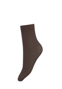 Braune Knöchelsocke mit einem strukturierten Diamantmuster, einem glatten elastischen Bündchen und einer engeren Form, die sich der Fußform anpasst.