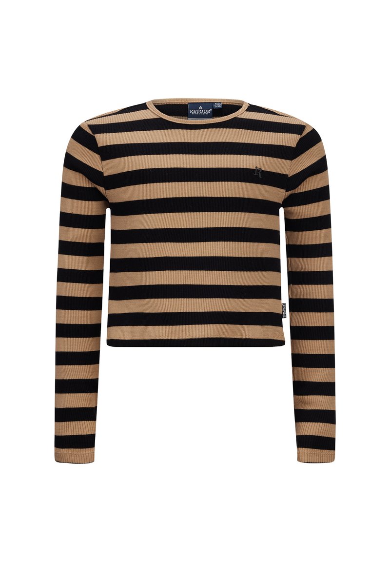 Crop top a maniche lunghe a righe nere e beige, caratterizzato da una texture a coste e un collo rotondo con un piccolo dettaglio logo sul petto.
