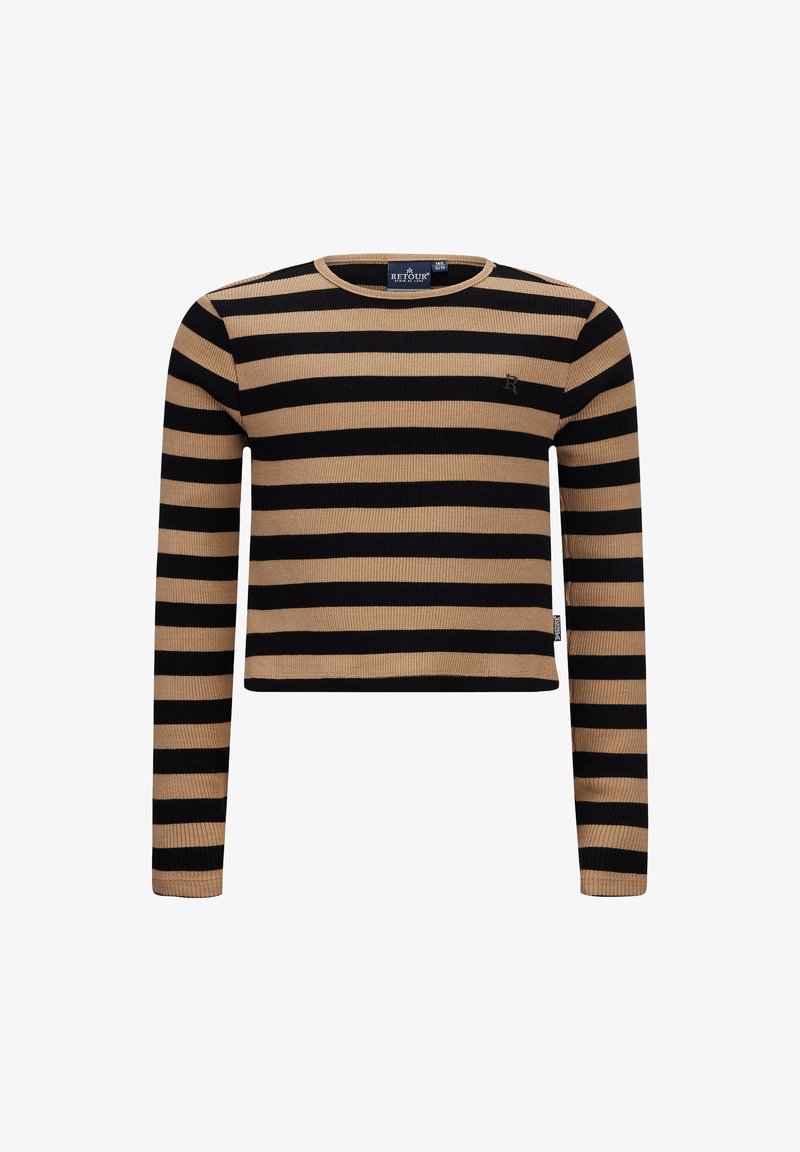 Schwarz-beige gestreiftes Langarm-Crop-Top mit geripptem Material und rundem Ausschnitt sowie einem kleinen Logodetail auf der Brust.