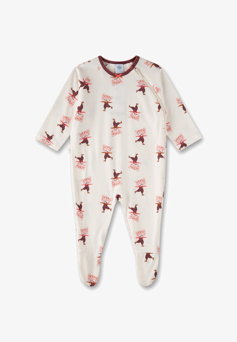 Fußanzug aus cremefarbener Baumwolle mit einem wiederholten Muster von Bärenfiguren, die Stöcke halten. Er hat lange Ärmel und einen seitlichen Reißverschluss.