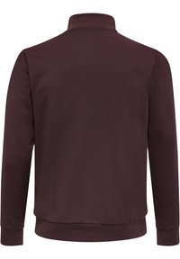 Sudadera de manga larga burdeos con cuello alto, textura suave, puños y dobladillo de canalé; parte trasera sin gráficos ni adornos.
