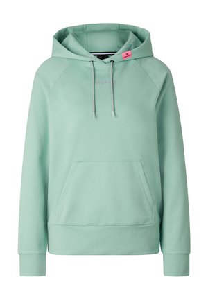 Light green hooded sweatshirt with front pocket, drawstring hood, long sleeves, and small pink tag near the neckline.