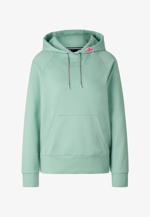 Light green hooded sweatshirt with front pocket, drawstring hood, long sleeves, and small pink tag near the neckline.
