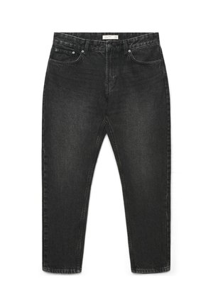 Jeans in denim nero con gamba affusolata, design a cinque tasche e chiusura con bottone in vita.