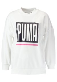 Felpa bianca con una grafica rettangolare nera che presenta la parola "PUMA" in grassetto bianco, accentuata da una striscia orizzontale rosa.