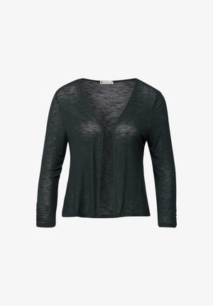Dunkelgrüner, leichter Cardigan mit langen Ärmeln, offener Vorderseite und strukturiertem Stoff. Bietet einen weichen, lässigen Stil ohne Verschlüsse.
