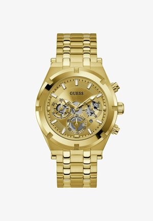 Zlaté nerezové ocelové chronografické hodinky s texturovaným ciferníkem, třemi subciferníky, luminiscenčními hodinovými značkami a náramkovým řemínkem s články.