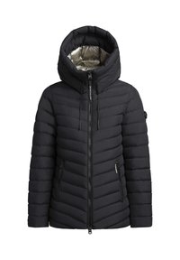 Black puffer jacket with a high collar, shiny silver hood lining, ribbed texture, and zippered side pockets. Features adjustable drawstrings.