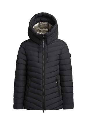 Doudoune noire avec un col haut, doublure de capuche en argent brillant, texture côtelée et poches latérales zippées. Dotée de cordons de serrage réglables.