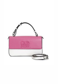 Borsa a mano rosa e bianca con logo in rilievo "CAFÉ NOIR", design strutturato, tracolla rimovibile e manico nero con accenti bianchi.