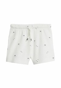 Vita bomullsshorts med en ribbad struktur, med dragsko i midjan och små mönster av navyvalar och fåglar över hela.