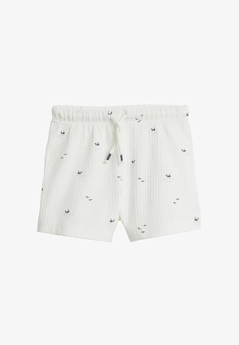 Weiße Baumwollshorts mit gerippter Textur, ausgestattet mit einem Kordelzugbund und kleinen, navyblauen Walen und Vogelmustern im gesamten Design.