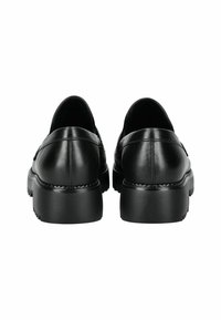 Sorte læderslippers med rundt design, robuste skridsikre såler og diskrete stikninger langs kanterne.