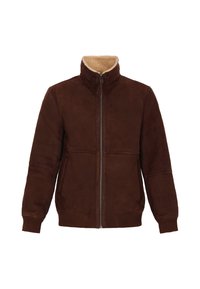 Jachetă din suede maro cu fermoar frontal, guler înalt și manșete cu nervuri. Captusită cu blană bej pentru un plus de căldură. Prezintă detalii de cusut minime.