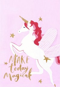 Weißes Einhorn mit pinker Mähne, glitzerndem goldenen Horn, Flügeln und Sternen auf pinkem Hintergrund mit dem Text "Mach heute magisch" in glitzerndem Gold.