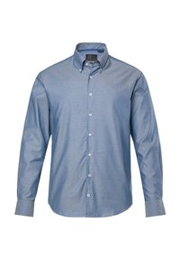 Camicia azzurra a maniche lunghe per uomo con colletto abbottonato e un sottile motivo testurizzato, mostrata su uno sfondo bianco.