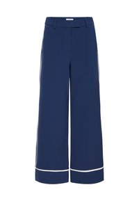 Námořnické široké kalhoty s hladkým povrchem, zdobené bílým kontrastním lemováním na spodním lemu a bočních švech, s těsným pasem.