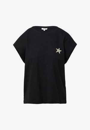 T-shirt nero a maniche corte realizzato in tessuto morbido con ricamo di stelle dorate e crema sul petto sinistro. Collo tondo, vestibilità comoda.