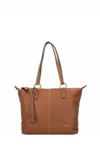 Braune Ledertasche mit strukturierter Oberfläche, zwei Schulterriemen, goldfarbenen Metallakzenten und einer Quastenverzierung. Verfügt über kontrastierende Nähte und einen Reißverschluss.