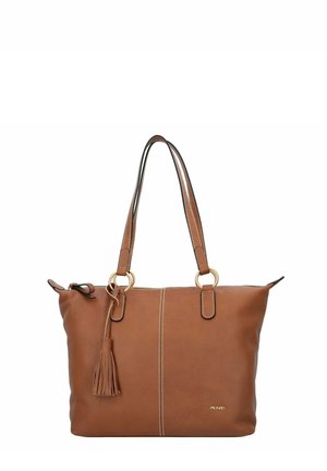 Braune Ledertasche mit strukturierter Oberfläche, zwei Schulterriemen, goldfarbenen Metallakzenten und einer Quastenverzierung. Verfügt über kontrastierende Nähte und einen Reißverschluss.