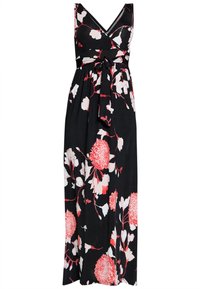 Robe maxi noire sans manches à col en V avec motif floral rose et blanc et ceinture nouée à la taille.
