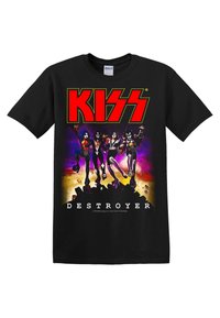 Černé tričko s barevným grafickým motivem čtyř členů kapely a textem "KISS" v červené barvě a "DESTROYER" pod ním v bílé.