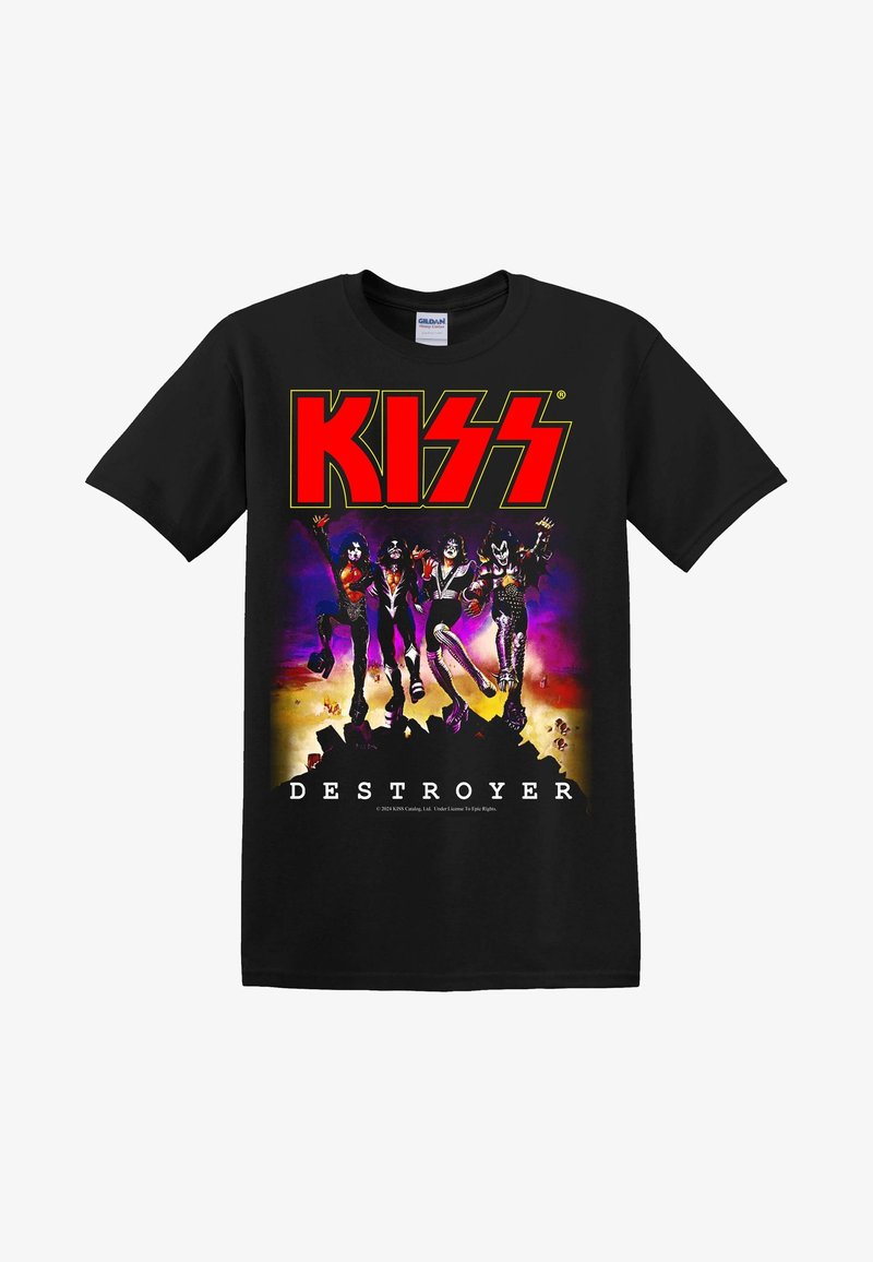 Černé tričko s barevným grafickým motivem čtyř členů kapely a textem "KISS" v červené barvě a "DESTROYER" pod ním v bílé.