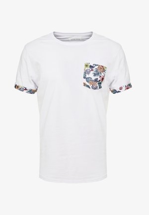 Fehér, rövid ujjú pamut póló. Virágmintás zsebbel rendelkezik, és a karcuffok levelek és virágok mintáival díszítettek zöld, rózsaszín és kék árnyalatokban.