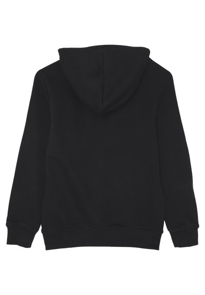 Felpa nera a maniche lunghe vista dal retro, con polsini e orlo a coste e un grande cappuccio.