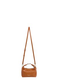 Torbica za ramo iz svetle usnjene barve s ukrivljeno obliko, nastavljivim trakom, zlatimi okrasnimi elementi in zadrgo, na sprednji strani pa je logotip.