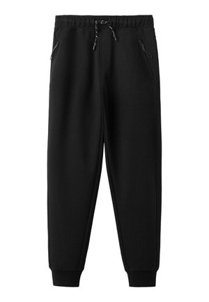 Black jogger pants with elastic waistband, drawstring, zippered side pockets, and ribbed cuffs.