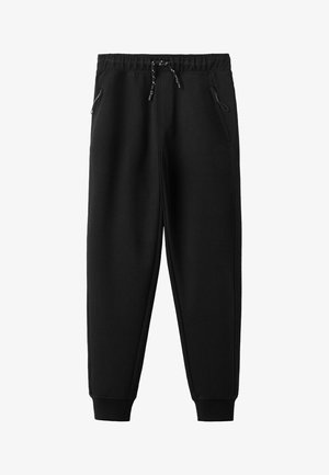 Pantaloni da jogging neri con vita elastica, coulisse, tasche laterali con cerniera e polsini a coste.
