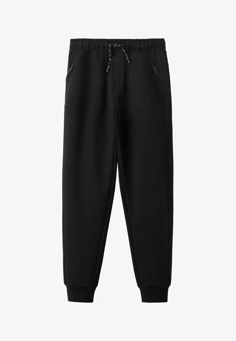 Schwarze Jogginghose mit elastischem Bund, Kordelzug, seitlichen Reißverschlusstaschen und gerippten Bündchen.