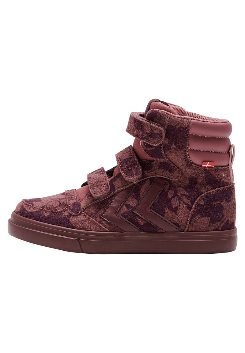 Bordeaux hoge sneakers met een bloempatroon, van suede en stof, met drie klittenbandsluitingen en textuuraccenten.