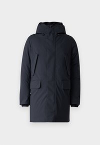 Giacca puffer blu navy con cappuccio, due tasche frontali con patta, cerniere e polsini a coste; realizzata in un tessuto liscio e resistente.