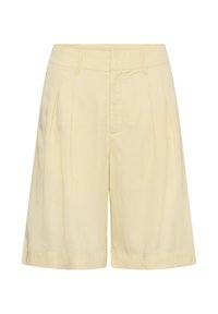 Shorts taille haute couleur crème avec plis, passants pour ceinture et fermeture avant dissimulée, présentés sur fond blanc.