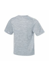 Camiseta gris de manga corta con un patrón texturizado y jaspeado. Diseño de cuello redondo simple y ajuste relajado, adecuado para un uso casual.