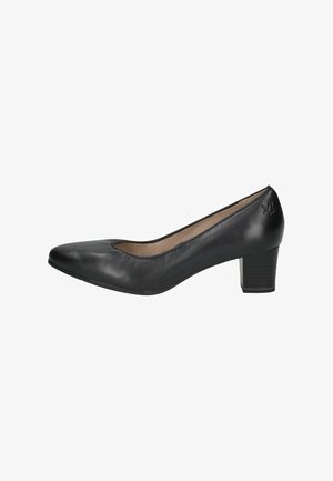 Zapato de tacón negro de cuero con puntera puntiaguda, corte redondeado en la parte delantera y tacón bloque de altura moderada. Acabado texturizado sutil.
