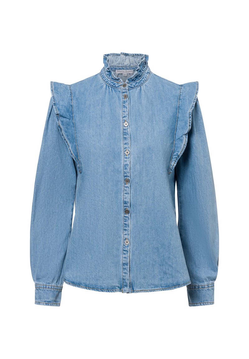 Helles blauer Denimhemd mit hochgeschlossenem Kragen, gerafften Schulterdetails, Knopfverschluss vorne und langen Ärmeln mit schmalen Manschetten.