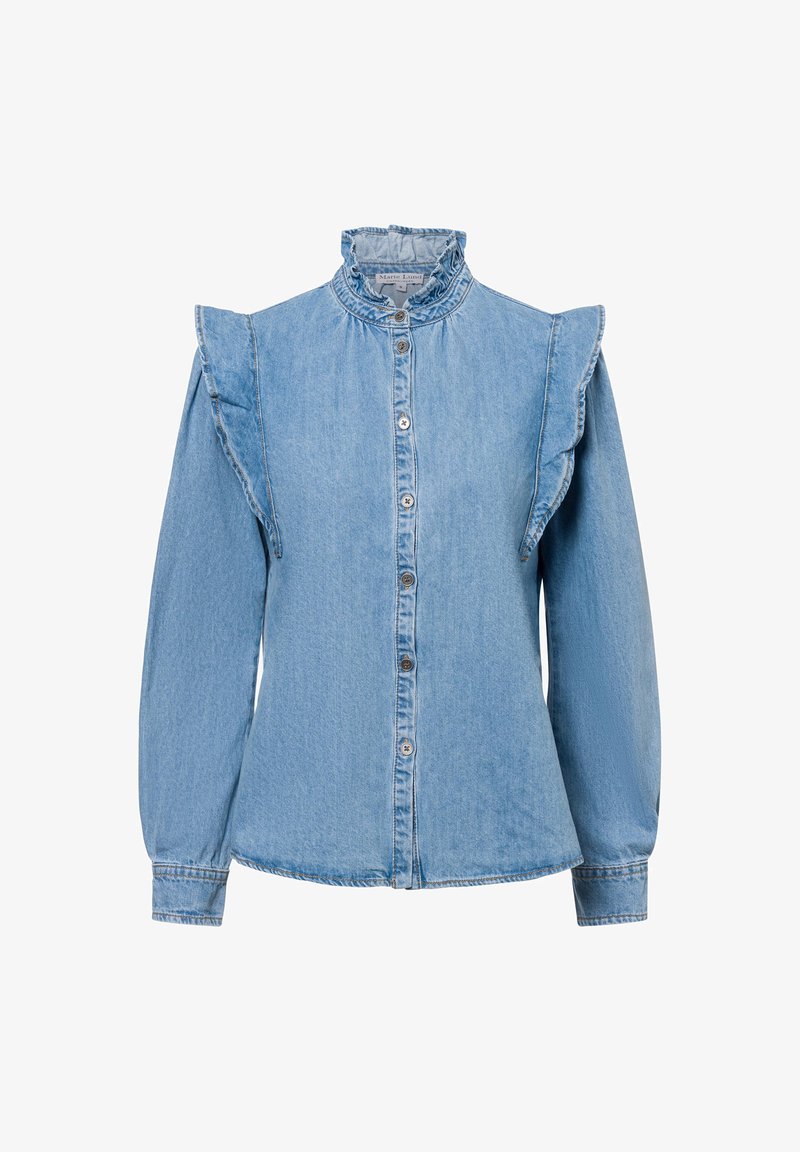 Helles blauer Denimhemd mit hochgeschlossenem Kragen, gerafften Schulterdetails, Knopfverschluss vorne und langen Ärmeln mit schmalen Manschetten.