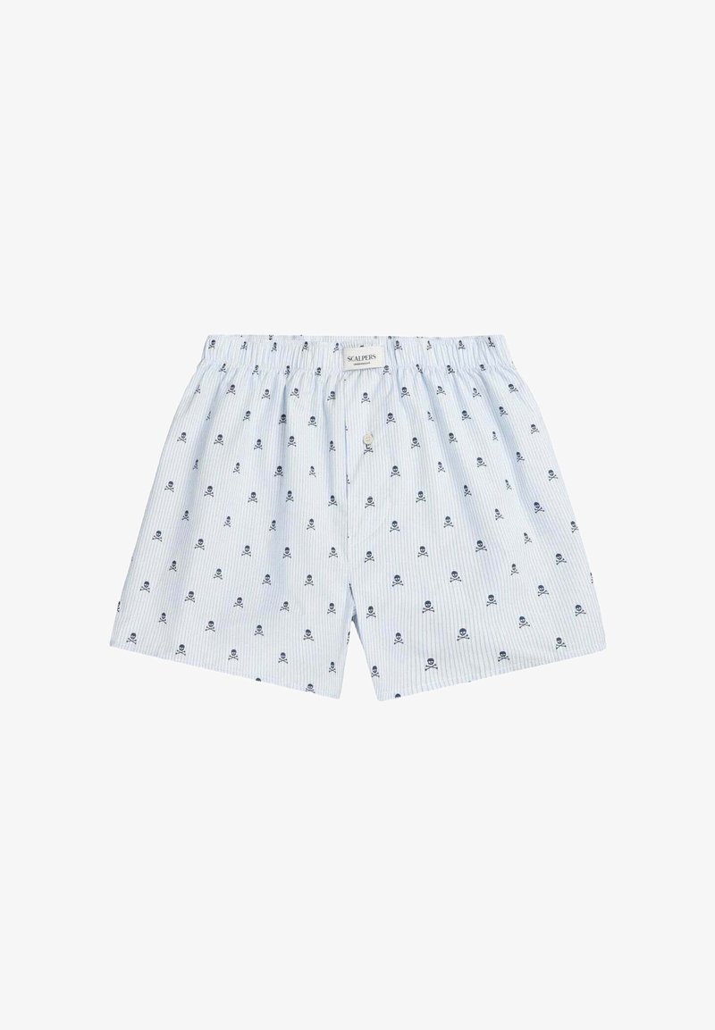 Bóxers de algodón azul claro con rayas blancas verticales, con un patrón de pequeñas calaveras negras. Cintura elástica con bragueta de un solo botón.