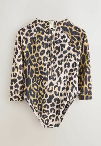 Body en imprimé léopard à manches longues, doté d'une fermeture éclair au dos. Confectionné en tissu lisse et extensible avec un motif de couleur contrastante.