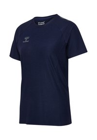 T-shirt de sport bleu marine à manches courtes avec logo hummel sur la poitrine et étiquette de taille à l'intérieur du col.