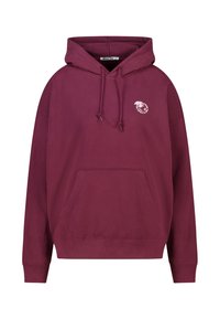 Punaharmahuppari, valmistettu pehmeästä materiaalista, jossa on kengurutasku ja pieni graafinen logo rinnassa. Sisältää kiristysnyörillisen hupun.